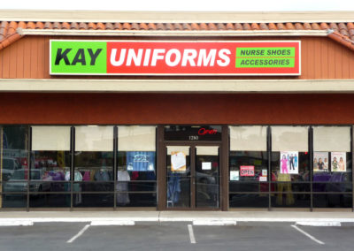 Storefront sign for Kay Uniforms, by Amazing Signs.